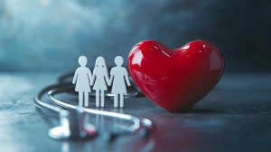 A red heart with a stethoscope next to a paper cutout of a family